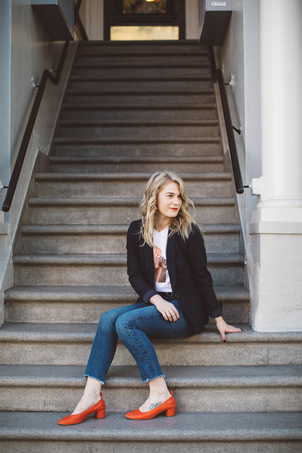 For All Womankind Tee worn with Levi's Wedgie Jeans, a J. Crew Blazer and Everlane Day Heels.